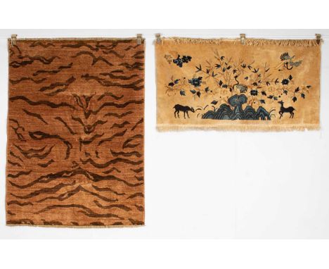 A fawn tiger print rug possibly Afghanistan, 151cm x 113cm and a Chinese pictorial rug, the ivory field with a landscape of c