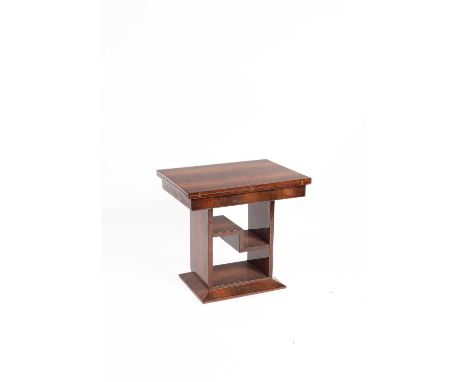 An Art Deco style veneered fold over side table, with stylised undertier, 80cm wide, 60cm deep, 74cm highOf recent manufactur