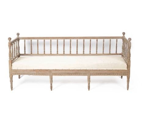 A 19th Century Swedish bench/settee with carved uprights to the back and sides, carved frieze and conformed legs, 209.5cm wid