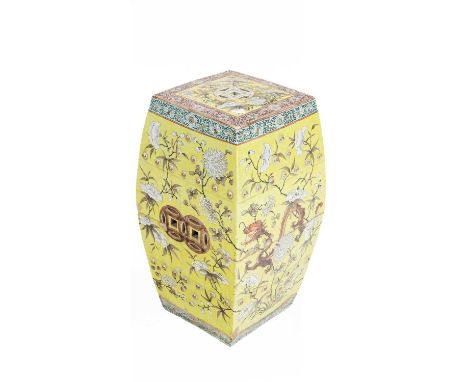 A Chinese ceramic garden seat, Guangxu period, of square section decorated a dragon among chrysanthemums to a yellow ground, 