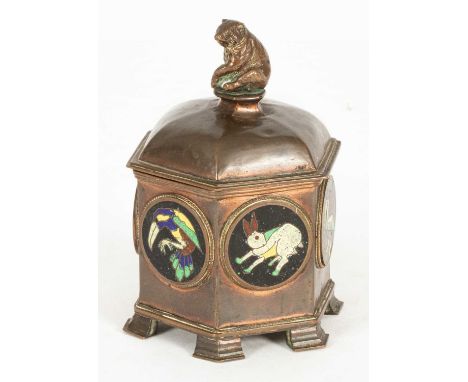 A Harold Stabler Arts &amp; Crafts lidded pot, of hexagonal form with bear finial, circular cloisonne cartouches of animals, 