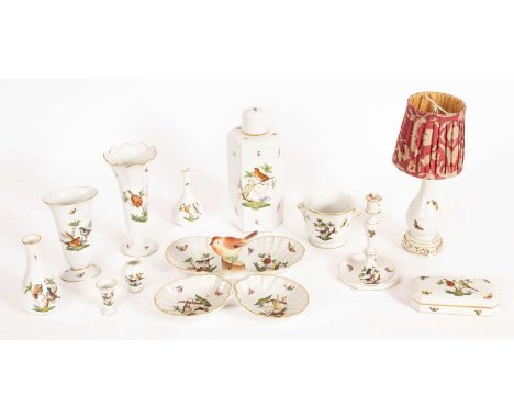 A collection of Herend Rothschild birds pattern porcelain, including a hexagonal tea caddy and cover, 27cm high, a cache pot,