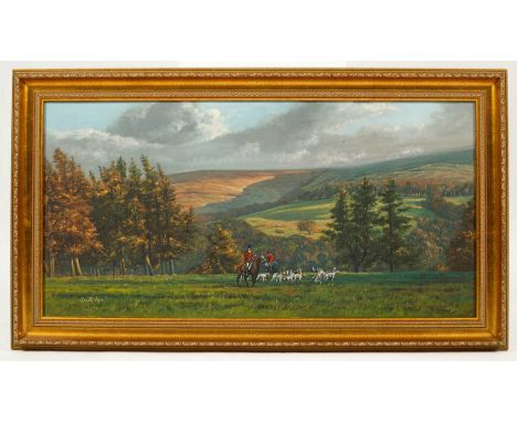 ARR Donald Ayres (born 1936)Fox Hunting Scenein an extensive landscapesigned lower leftoil on canvas50cm x 100cm  In a gradua