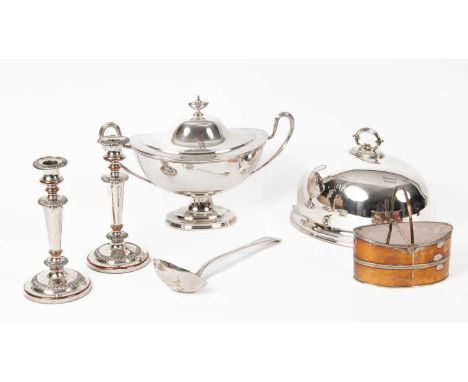 A Sheffield plate tea caddy of navette shape, with reeded swing handle and two hinged covers, 17.5cm wide, an oval four-pint 