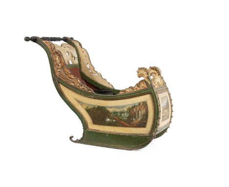 A Dutch child's sleigh, 19th Century, with painted and parcel gilt decoration, the sides with landscapes scenes, 91cm high x 