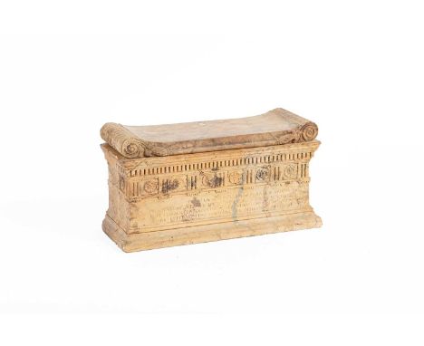 A 19th Century Italian Siena marble model of the sarcophagus of Lucius Cornelius Scipio Barbatus, from the tomb of the Scipio