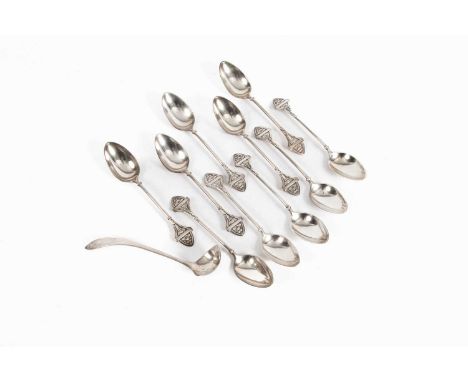 A set of ten American silver teaspoons, Gorham but also marked Shreve, Stanwood &amp; Co, with decorative spade shaped termin