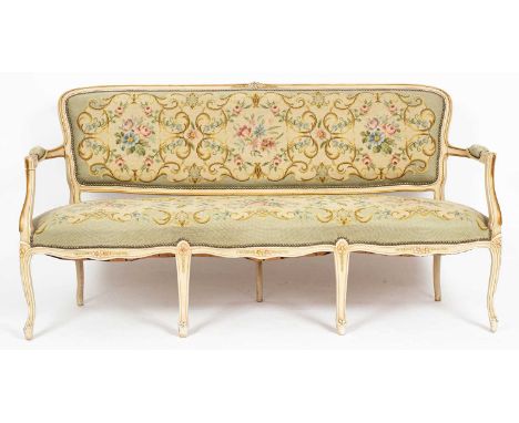A Louis XV style sofa with painted frame, needlework back and seat, 169cm wideProvenance: Dunkirk Manor