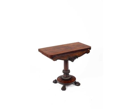An early Victorian rosewood card table, the fold over top enclosing a blue baize playing surface on circular column and platf