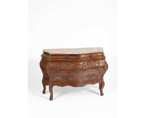 A French provincial commode of bombe form with marble top, two small and two long drawers on cabriole supports, 116cm wide, 4