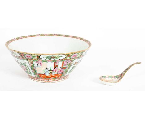 A Cantonese porcelain punch bowl, 20th Century, with a small ladle, both decorated in bright enamels, the bowl 37.5cm diamete