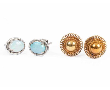 A pair of 18K gold and opal stud earrings and a pair of Chinese stud earrings, indistinctly marked, approximately 6g in total