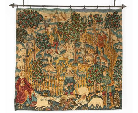 A modern wall tapestry by Hines of Oxford, depicting a medieval scene with apple harvesting, 142cm high x 140cm wideProvenanc
