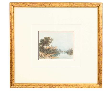 John Varley (1778-1842)Riverside Landscapewith a bridge and village in the distancewatercolour11cm x 13cm  Framed and glazed.