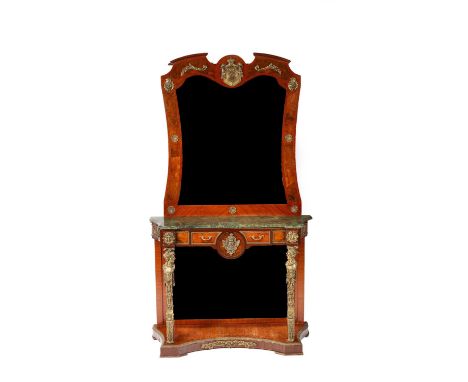 A Louis XV style marble top console, surmounted by a mirror, the base fitted a drawer above a mirror back to a concave fronte