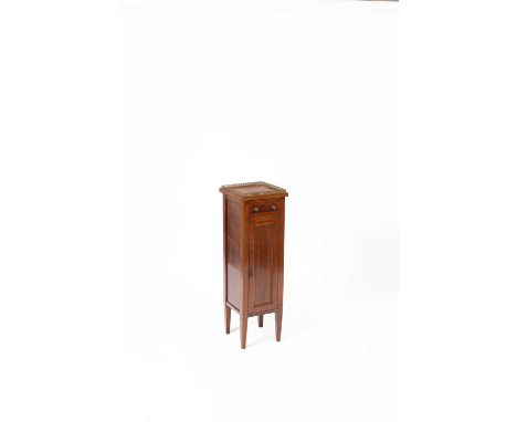 A mahogany pedestal cabinet, 19th Century, with gilt metal galleried top, single drawer with cupboard below on tapering suppo
