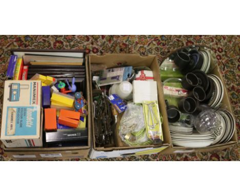 Three boxes of miscellaneous to include tools, projector and slides along with framed prints, games and ceramics, etc.