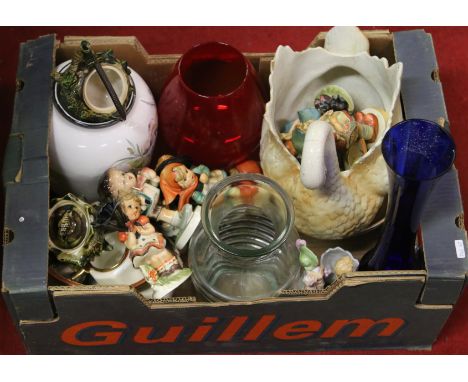 A box of miscellaneous to include Austrian vase swan planter, coloured glass, Hummel style figures of children.