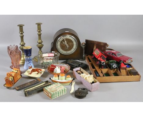 A collection of collectables including oak cased mantel clock, brass ejector candlesticks, binoculars, cut throat razors, Bes