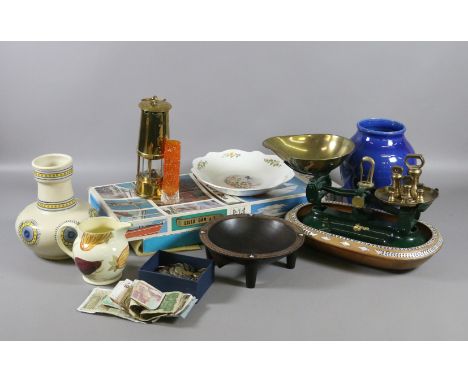 A collection of metalwares, wooden items and ceramics to include miners lamp, inlaid bowls, Aynsley, kitchen scales and weigh