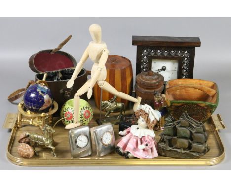 A tray of collectables including cased Imperator binoculars, barrel shaped tea caddy with Royal provenance, brass bookends an