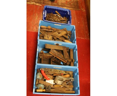 A collection of old tools to include cabinet makers planes etc (four boxes).