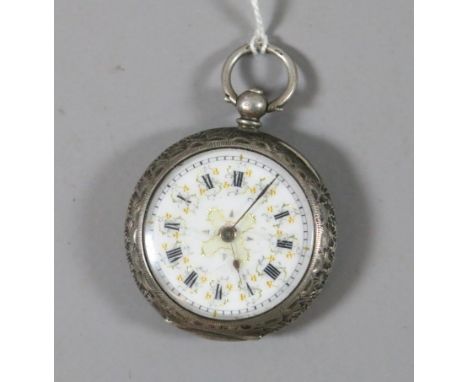 A small ladies silver fob watch with enamel dial.