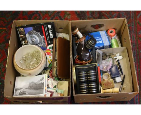 Two boxes of miscellaneous to include shire horse and dray, Crown Ducal blush ground bowl, cut glass droplets, old photos, Po