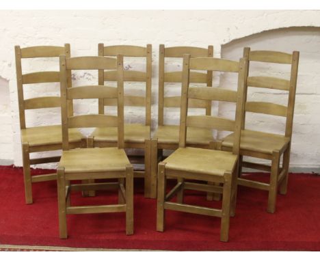 A set of six pine ladder back dining chairs with draw bore dowel construction.