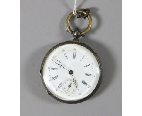 A ladies silver fob watch with enamel face and subsidiary dial.