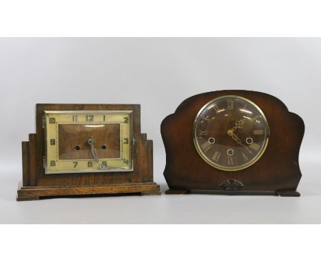 An Art Deco oak cased eight day mantel clock and a walnut cased Westminster mantel clock.