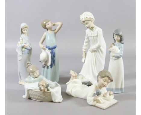 Two Lladro figures modelled as young girls and four similar Nao figures.