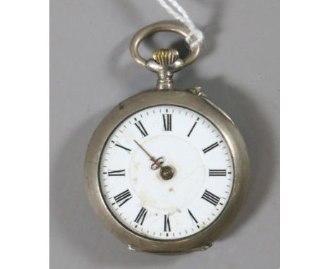 A continental silver cased ladies fob watch with enamel dial.