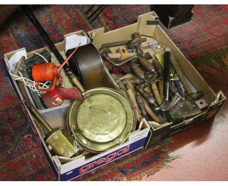 Two boxes of miscellaneous to include old tools, mantel clock, clockwork meatspit and a bed warming pan.