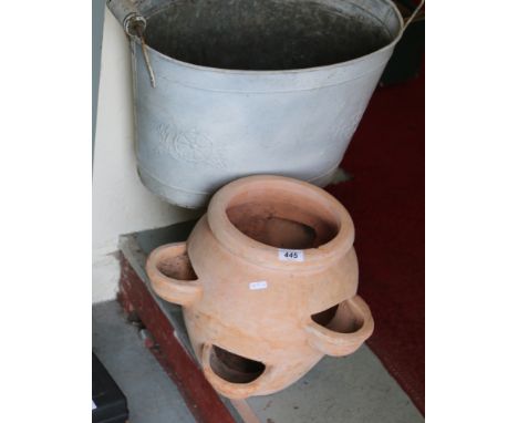 A box of miscellaneous tools, silver backed brush, terracotta plant pot, fishing reel etc.