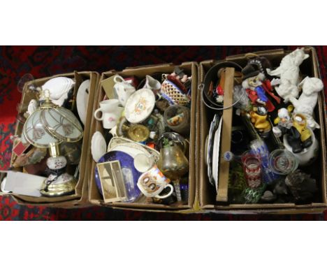 Three boxes of miscellaneous to include brass ornaments, kitchen scales and weights, commemorative wares, table lamp, mantel 