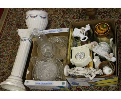 A box of miscellaneous to include a lidded Rumtopf, figurines, Quartz ceramic mantel clock, teapots, along with a box of lead