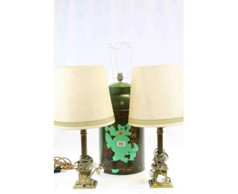 Vintage Table Lamp made from a Toleware Tin together with a Pair of Brass Corinthian Column Table Lamps