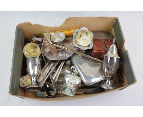 Silver plated items to include chamber stick, salt and pepper, hip flasks, candlestick, miniature swords, button hook, flatwa