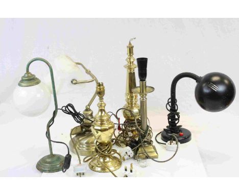 Collection of Six Lamps including Gilt Brass, Clerks Lamp with Clear Glass Shade, etc