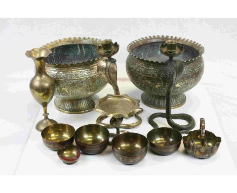 Collection of Indian Brass including a Pair of Ornately Decorated Footed Bowls, Pair of Snake Candlesticks, another Snake Can