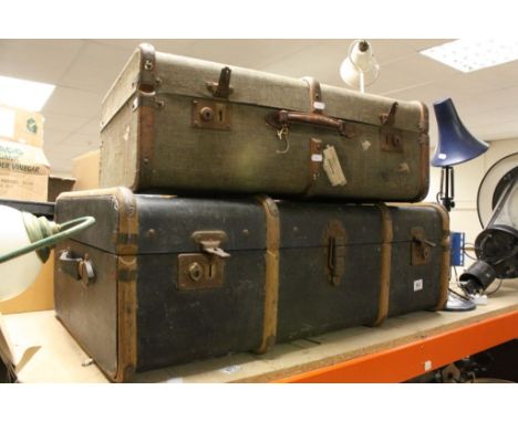 Two Vintage Wooden Bound Canvas Trunk Suitcases
