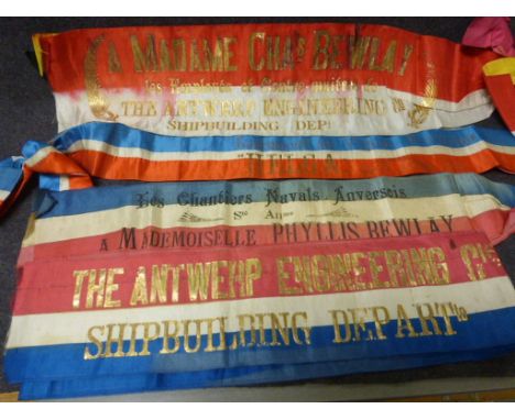 Early 20th century French sashes to include The Antwerp Engineering Cie Shipbuilding Department A MAdame C. Bewlay dated 1911