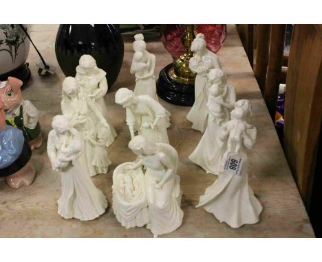 Nine unpainted, glazed Royal Worcester figurines with babies to include; Sweet Dreams, Mothers Love, First Kiss, Once Upon a 