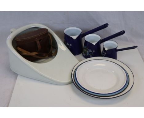 Collection of Items including Bargeware Shoe Last, Pewter Tankards, Brass Items, Ceramic Bed Pan, Enamel Measuring Jugs and P