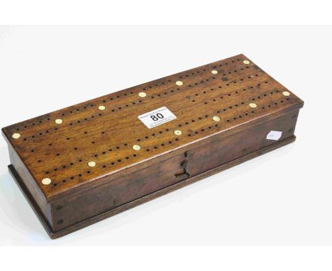 Oak Cribbage box, inset with Bone discs and containing two packs of playing cards and vintage Bone markers