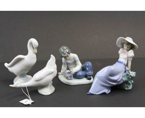 Nao by Lladro, two duck / geese figurines, both with boxes, together with girl 'Listening to Birdsong' & boy with train 'A Ne