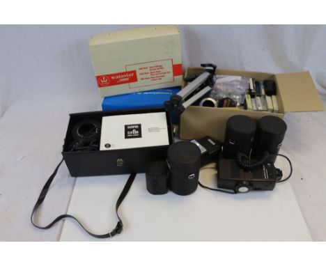 Two Boxes of Mixed Camera Accessories including Filter Reducers Adaptors, Tripod, Lenses, Watastar 1000 Photo-Movie Light, Ci