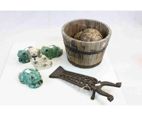 Small group of mixed collectables to include a Coopered Wooden bucket, wooden balls, Cast iron boot pull, ceramic Animals etc