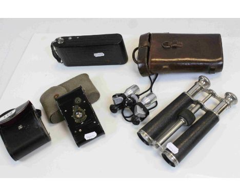 Leather cased pair of Military style Binoculars, cased pair of Perl Field Binoculars, Vest Pocket Kodak Camera and another